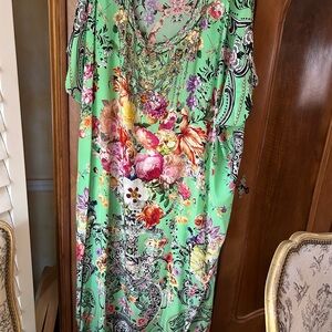 Camilla Mint Green Floral Maxi Dress Caftan with Multicolor Print